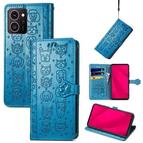 Funda de Cuero con Relieve de Gato y Perro para Teléfono HMD Skyline (Azul)