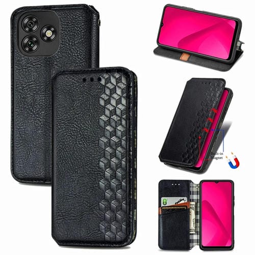 Funda de Cuero Magnética con Diseño de Cuadrícula Cúbica para Oukitel C53 (Negra)