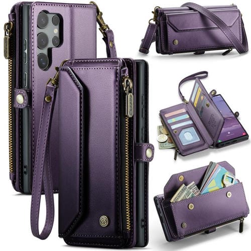 Funda de Cuero Antirrobo Caseme C36 para Samsung Galaxy S25 Ultra 5G con Ranuras y Cremallera (Morado)