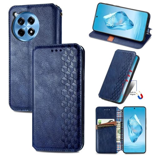 Funda de Cuero MagnĂ©tica OnePlus Ace 3 Pro Diseño CuadrĂcula CĂșbica (Azul)
