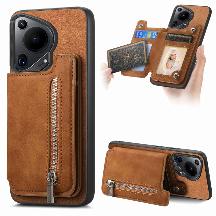 Funda para Teléfono Huawei Pura 70 Ultra Retro con Cremallera Magsafe y Tarjetero (Marrón)