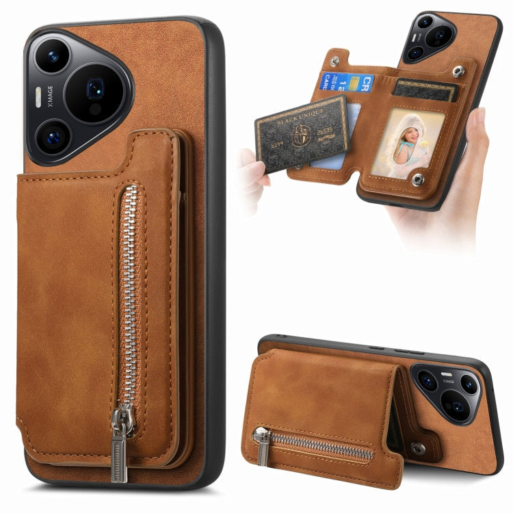 Funda para Teléfono Huawei Pura 70 Pro con Cremallera Magsafe, Tarjetero, Cartera (Marrón)