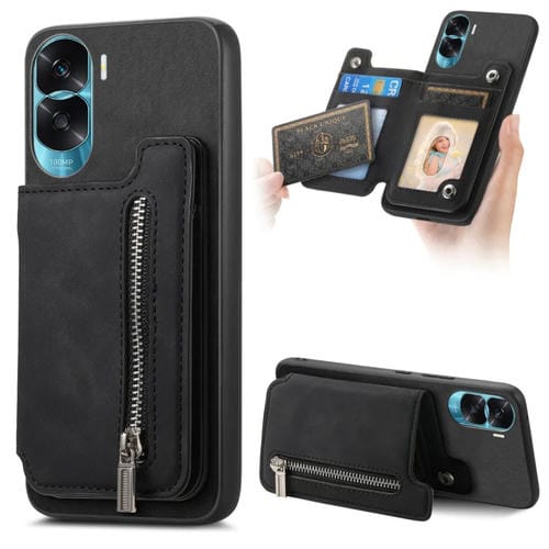 Funda para Teléfono Honor X50I con Cremallera Magsafe Retro, Tarjetero y Cartera (Negro)