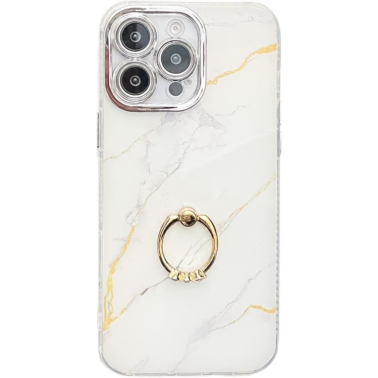 Estuche para Teléfono iPhone 16 Pro Soporte de Anillo Textura Mármol Galvanizado (Dorado y Blanco S1)