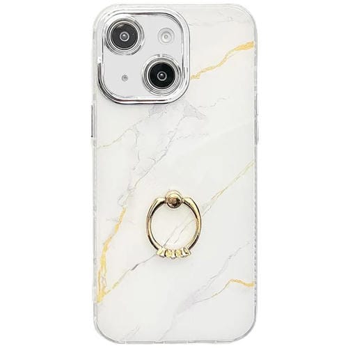 Funda para Teléfono iPhone 15 con Soporte de Anillo Textura Mármol Galvanizado (Dorado y Blanco S1)