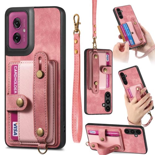 Funda de Cuero Tipo Billetera con Correa Cruzada para Motorola Moto G55 (Rosa)