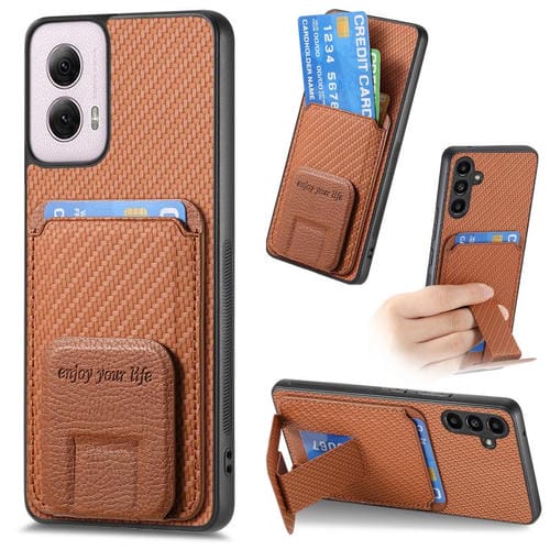 Funda para Teléfono Motorola Moto G Power 5G 2024 con Soporte Plegable y Tarjetero de Fibra de Carbono (Marrón)