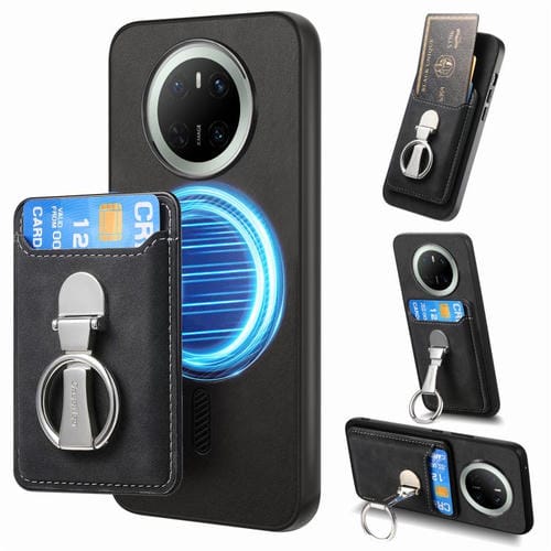 Funda para Teléfono Huawei Mate 70 Pro Magsafe con Soporte, Tarjetas y Anillo Plegable (Negro)