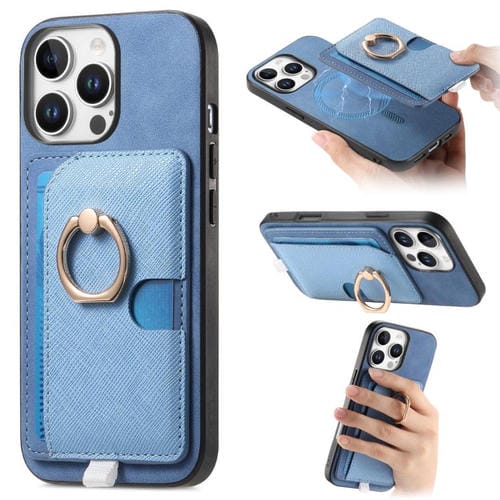 Funda para iPhone 16 Pro Cuero Diseño Retro Cruzado con Ranuras para Tarjetas (Azul)