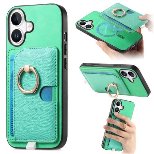 Funda para iPhone 16 con Ranuras para Tarjetas y Anillo de Cuero Retro con Inserción Cruz Magsafe (Verde)