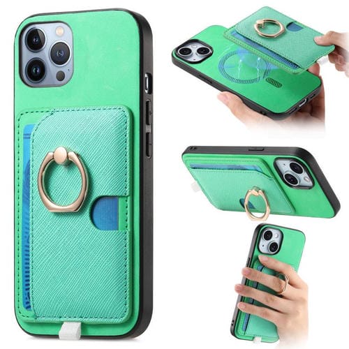 Funda para iPhone 11 Pro Max Ranuras para Tarjetas Diseño Retro Cruz Anillo Magsafe (Verde)