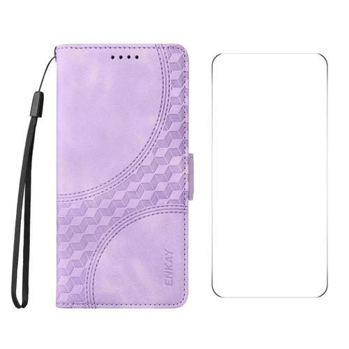 Funda de Cuero Enkay para Motorola Moto G55 con Estampado de Rombos y Estrellas y Película de Pantalla (Morado)