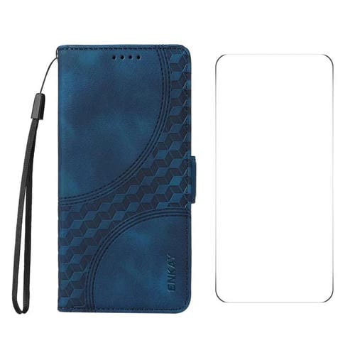 Funda de Cuero Enkay para Motorola Moto G75 con Estampado de Rombos y Estrellas y Película para Pantalla (Azul)