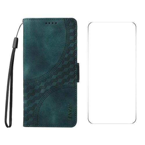 Funda de Cuero Enkay para Motorola Moto G75 con Estampado de Rombos y Estrellas y Película de Pantalla (Verde)