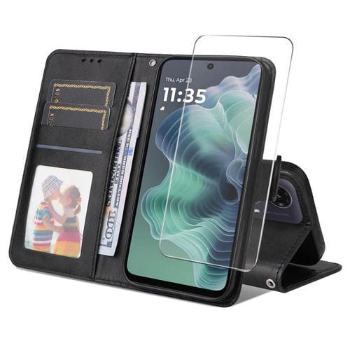 Funda para Teléfono Enkay con Textura Piel de Becerro y Tarjetero para Motorola Moto G35 (Negro)