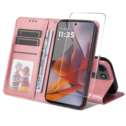 Funda para Motorola Moto G75 Enkay con Textura de Piel de Becerro y Tarjetero (Rosa)
