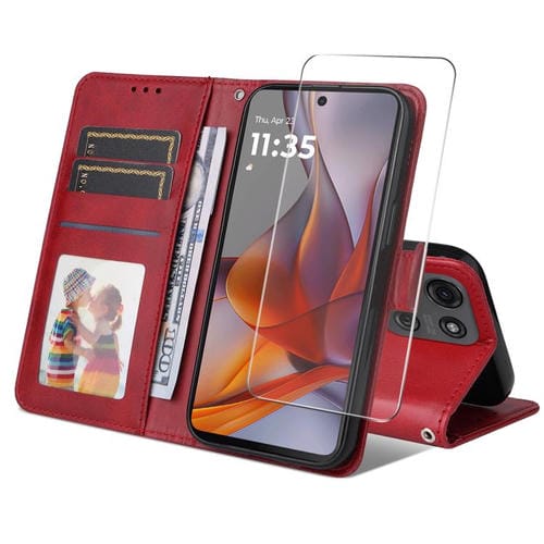 Funda para Teléfono Enkay con Textura de Piel de Becerro y Tarjetero para Motorola Moto G75 (Rojo)