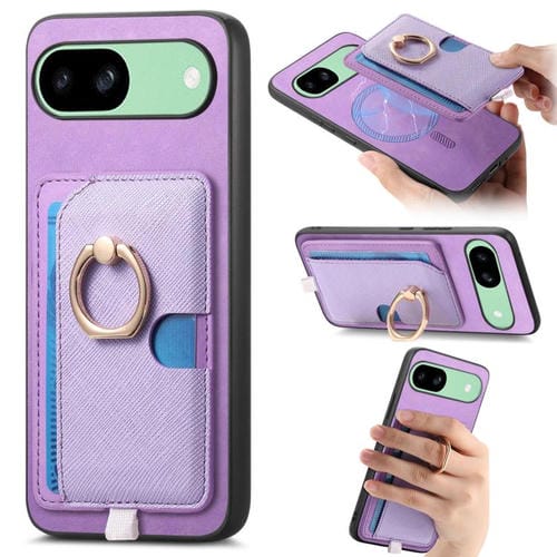Funda para Teléfono Google Pixel 7A con Ranuras para Tarjetas, Diseño Retro Cruz de Cuero y Anillo Lateral (Morado)