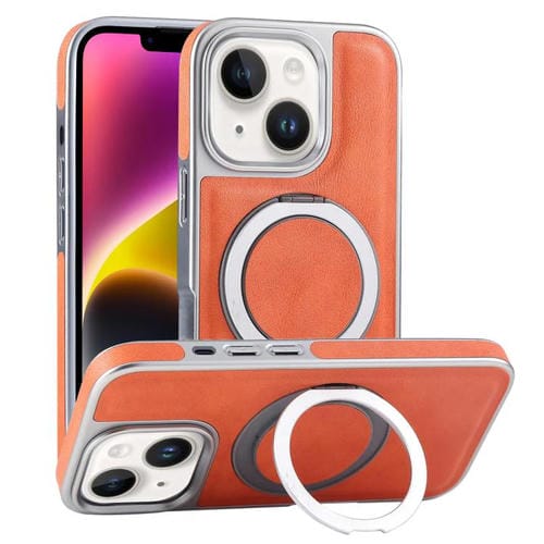 Funda para Teléfono con Soporte Magsafe Giratorio de Cuero Granulado para iPhone 14 Plus (Naranja)