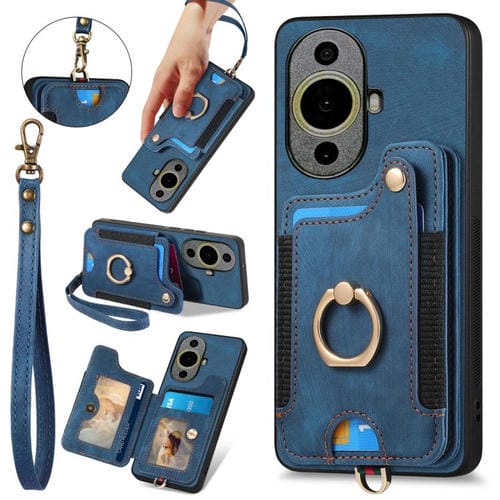 Funda para Teléfono Huawei Nova 11 Pro con Billetera MultiTarjeta, Diseño Retro, Sensación de Piel y Anillo (Azul)