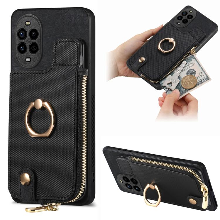 Funda para Huawei Nova 13 Pro con Cremallera Vertical y Anillo de Cuero Cruzado (Negro)
