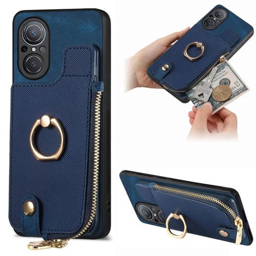 Funda para Teléfono Huawei Nova 9 Se con Cremallera Vertical y Anillo de Cuero Cruzado (Azul)