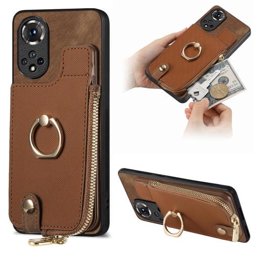 Funda para Teléfono Huawei Nova 9 con Cremallera Vertical y Anillo de Cuero Cruzado (Marrón)