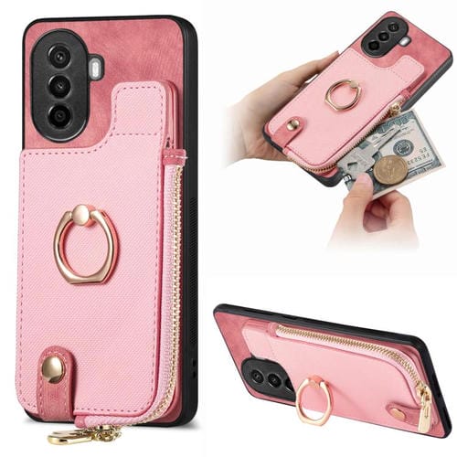 Funda para Teléfono Huawei Nova Y70 Y70+ con Cremallera Vertical y Anillo de Cuero (Rosa)