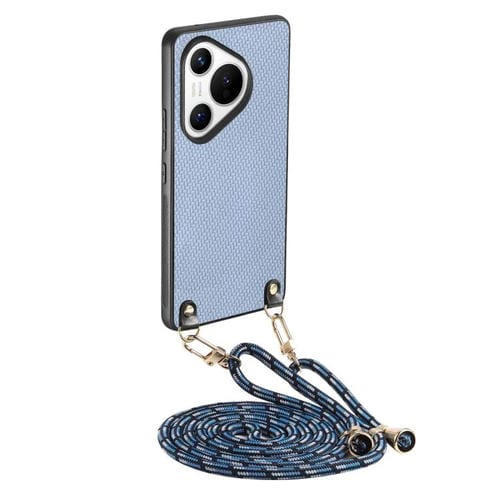 Funda de Cuero con Textura de Fibra de Carbono para Huawei Pura 70 Pro con Correa Cruzada (Azul)