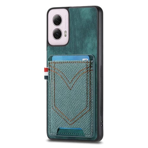 Funda de Piel con Textura Vaquera para Motorola Moto G Power 5G (2024) con Ranura para Tarjetas (Verde)