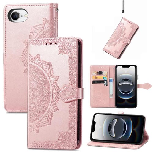 Funda de Cuero con Relieve de Flor de Mandala para iPhone 16E (Oro Rosa)