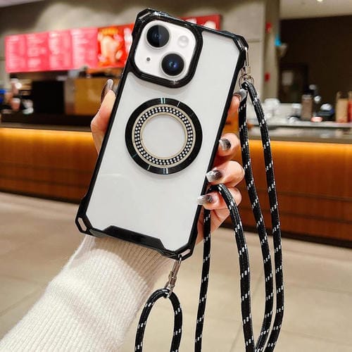 Funda para Teléfono TPU iPhone 14 Traveler Crossbody con Cuatro Esquinas y Cordón (Negro)