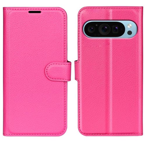Funda de Cuero con Tapa Horizontal y Textura de Lichi para Google Pixel 9/9 Pro con Soporte (Rosa Rojo)