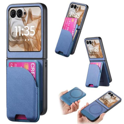 Funda Magnética para Motorola Razr 50 de Piel y Sarga con Tarjetero (Azul)