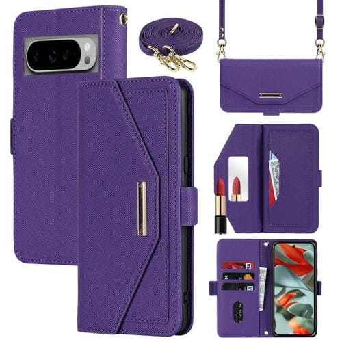 Funda de Cuero con Textura Cruzada y Cordón para Google Pixel 9 y 9 Pro (Morado)
