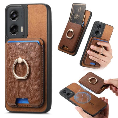 Funda para Motorola Moto G Stylus 5G (2024) con Ranuras para Tarjetas y Anillo de Cuero (Marrón)