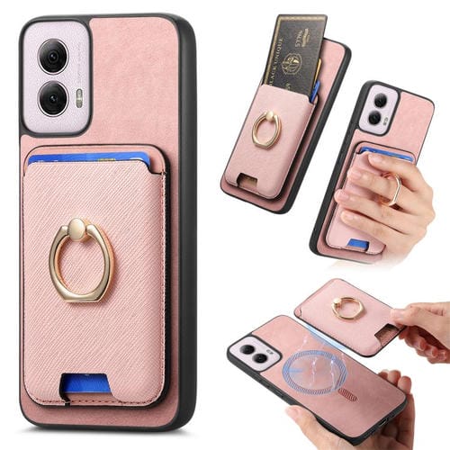 Funda para Motorola Moto G Play 4G (2024) con Ranuras para Tarjetas y Anillo de Cuero (Rosa)