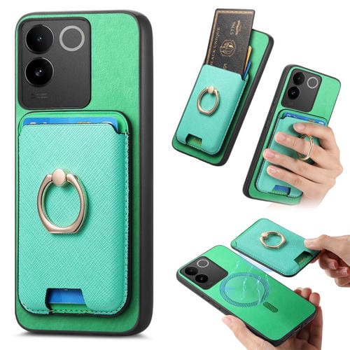 Funda para Vivo Iqoo 11 Pro 5G con Anillo de Cuero Retro Cruzado, Inserto Vertical para Tarjetas, Magsafe (Verde)