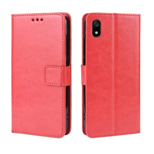 Funda de Cuero con Tapa Horizontal Retro con Textura de Caballo Loco para Xiaomi Redmi 7A, con Soporte, Ranuras para Tarjetas y Marco de Fotos (Rojo)