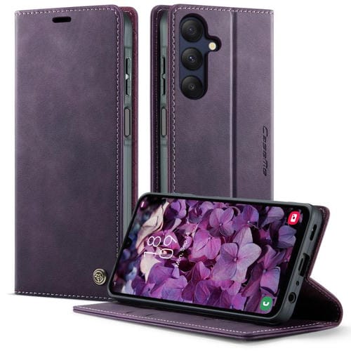 Funda CaseMe 033 para Samsung Galaxy A25, forro de piel de becerro, microfibra, con bloqueo RFID (morado)