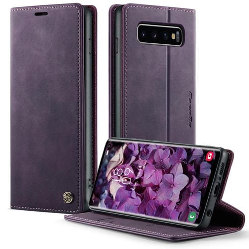 Funda CaseMe 033 para Samsung Galaxy S10+, forro de piel de becerro, microfibra, con bloqueo RFID (morado)