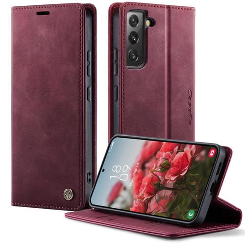 Funda CaseMe 033 para Samsung Galaxy S22 5G, forro de piel de becerro, microfibra, con bloqueo RFID (roja)