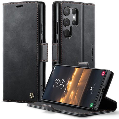 Funda CaseMe 033 para Samsung Galaxy S23 Ultra 5G, forro de piel de becerro, microfibra, con bloqueo RFID (negra)