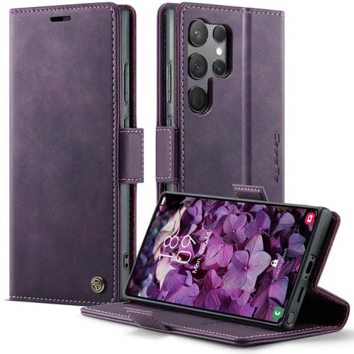 Funda CaseMe 033 para Samsung Galaxy S23 Ultra 5G, forro de piel de becerro, microfibra, con bloqueo RFID (morado)