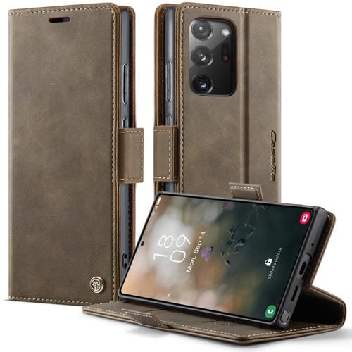 Funda CaseMe 033 para Samsung Galaxy Note20 Ultra, forro de piel de becerro, microfibra y bloqueo RFID (café)