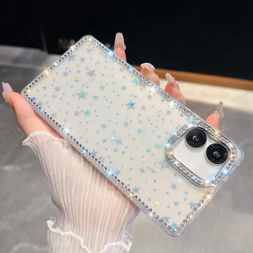 Funda de TPU con purpurina y diamantes de imitación para Samsung Galaxy A07 5G, anticaídas en las cuatro esquinas (estrellas transparentes)