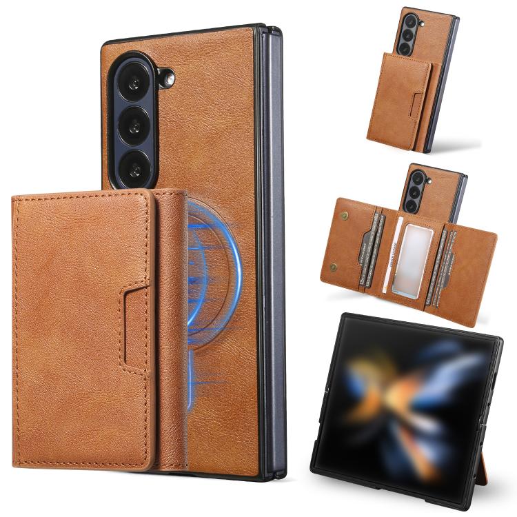 Funda de cuero plegable triple con imán fuerte Kalebol para Samsung Galaxy Z Fold7 (marrón)