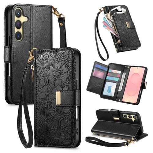 Funda de cuero con cremallera y correa para Samsung Galaxy S25 5G, diseño de flores y hojas (negro)