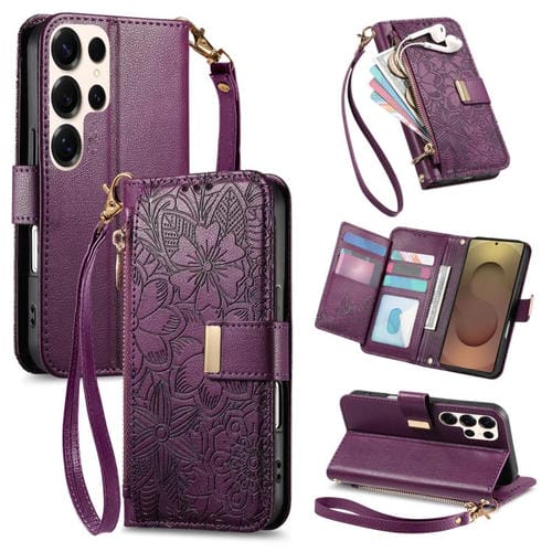 Funda de cuero con cremallera y correa para Samsung Galaxy S25 Ultra 5G, diseño de flores y hojas (morado)