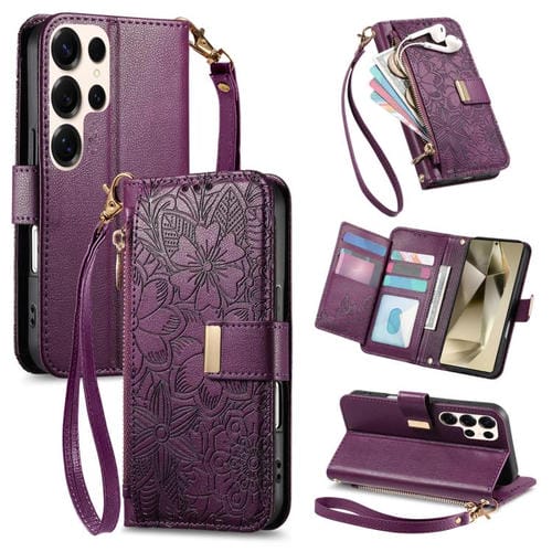 Funda de cuero con cremallera y correa para Samsung Galaxy S24 Ultra 5G, diseño de flores y hojas (morado)